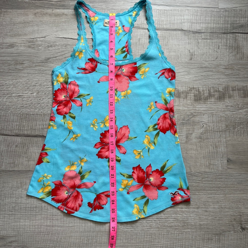 VGT Hollister Women Y2K Blue Tropical Floral Lace Trim Racerback Tank Top Medium - Picture 5 of 8